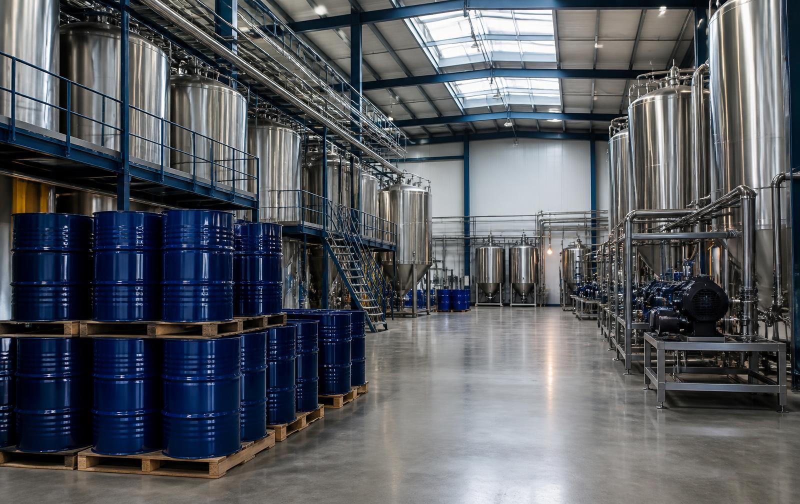 Stainless steel blending tanks and drums inside a lubricant manufacturing plant