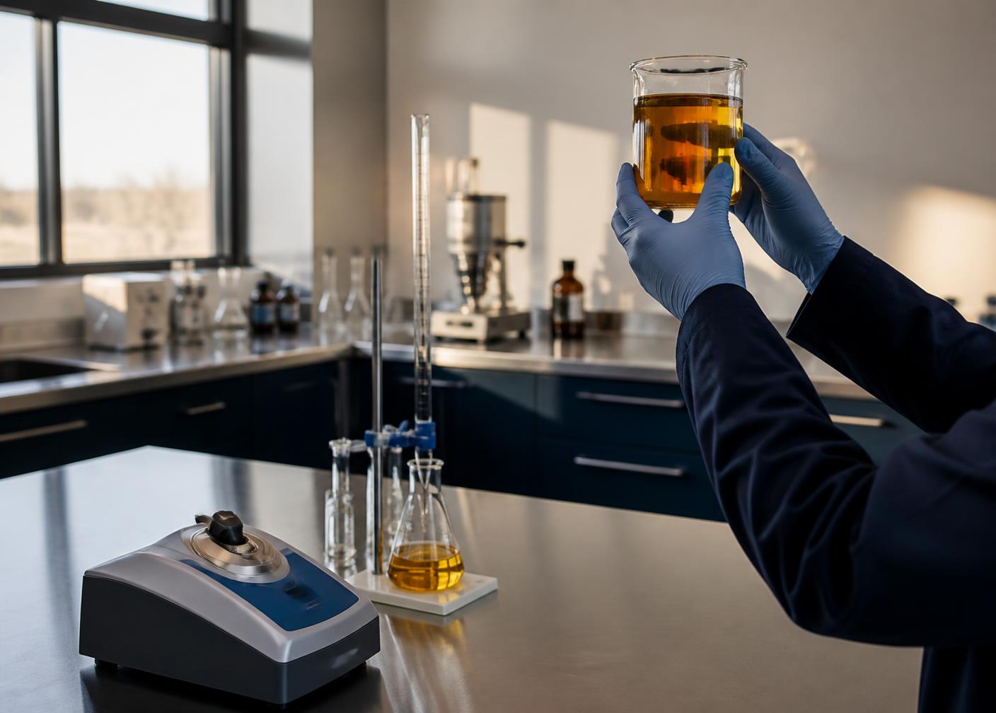 Laboratory technician inspecting a beaker of amber metalworking fluid